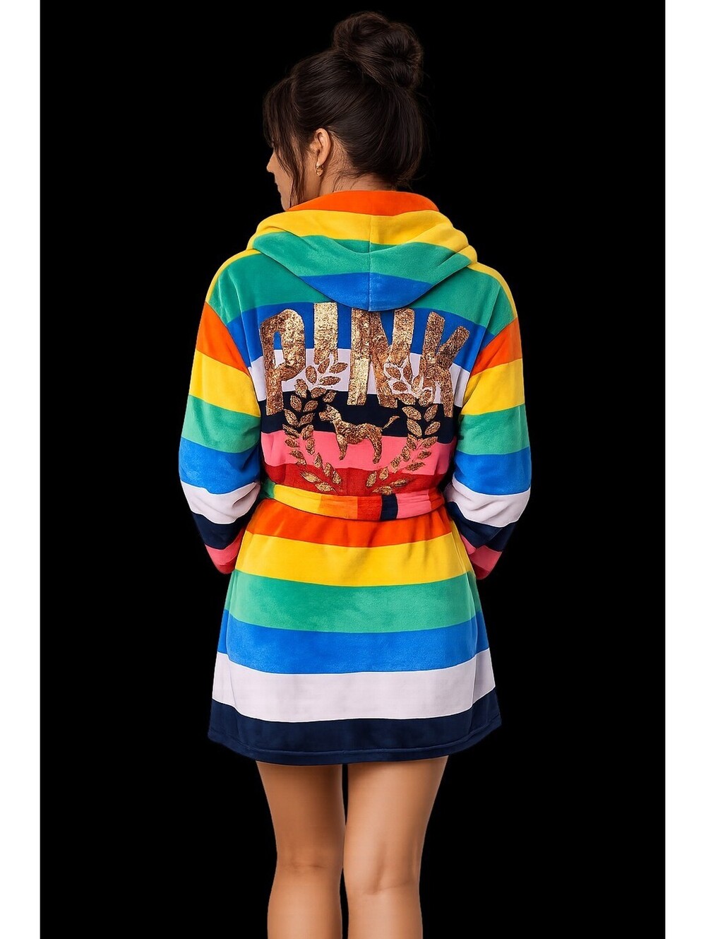 Pink Victoria's Secret Rainbow Stripe Plush Hooded Robe Woman's M/L Sequin Logo